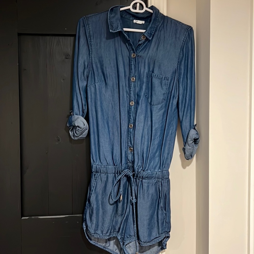 Splendid size XS denim romper with button up blouse top.